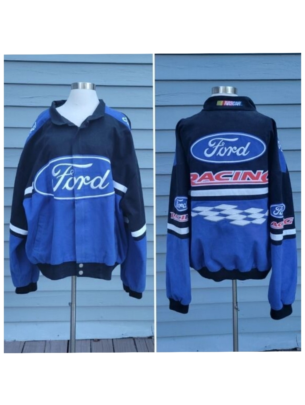 Vintage 90s y2k Ford Racing Nascar Blue‎ Black Checkered Flag Bomber Jacket Coat